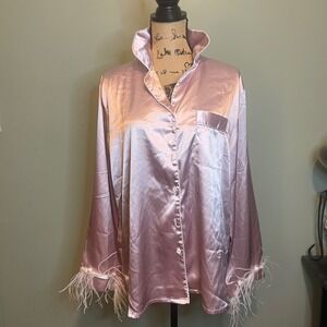 Ekouaer Women Night Slumber Loungewear Sleep Bridal Satin Pajama Top Pink Large